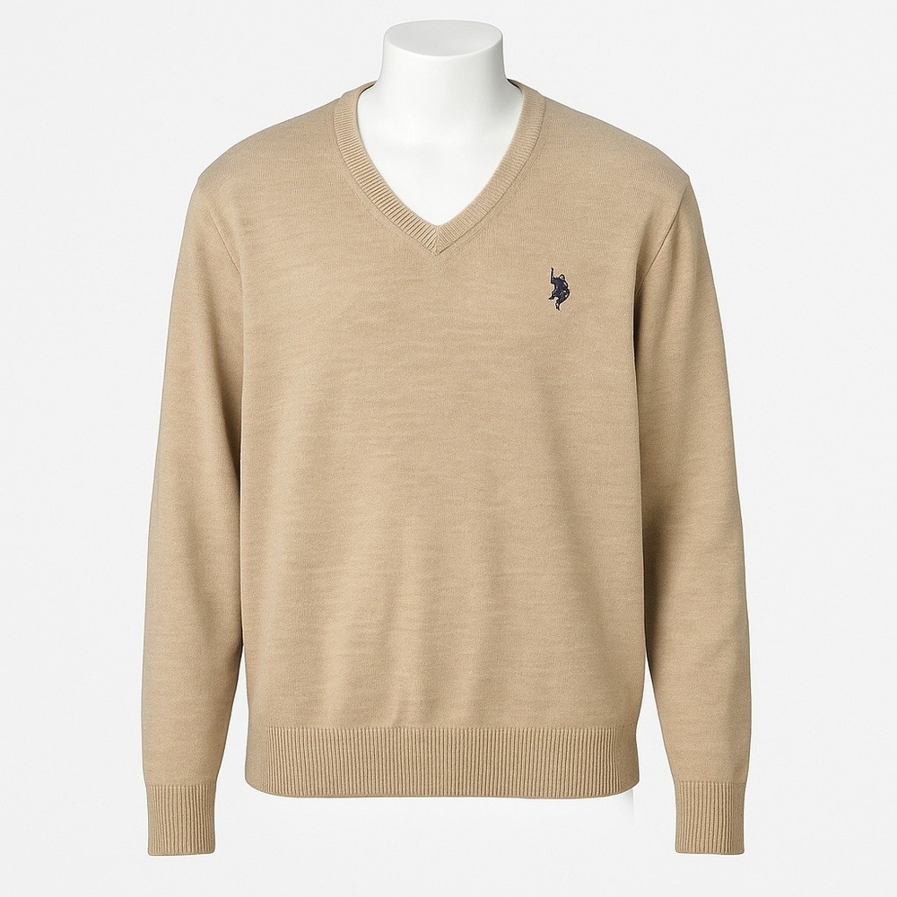U.S. Polo Assn Mens XL V-Neck‎ Sweater Tan Khaki Lightweight Knit Logo Pullover